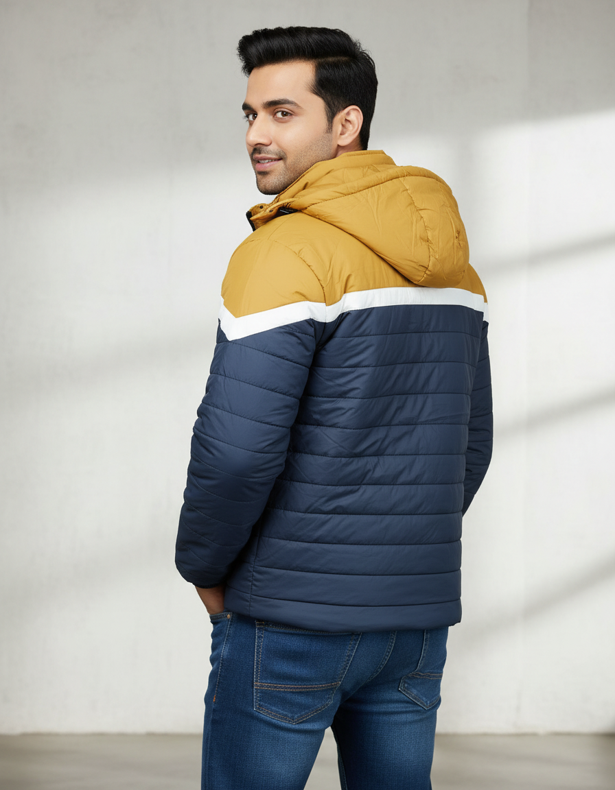 Men’s Blue & Yellow Color-Block Puffer Jacket – Warm, Comfortable & Stylish Winter Wear - Image 2
