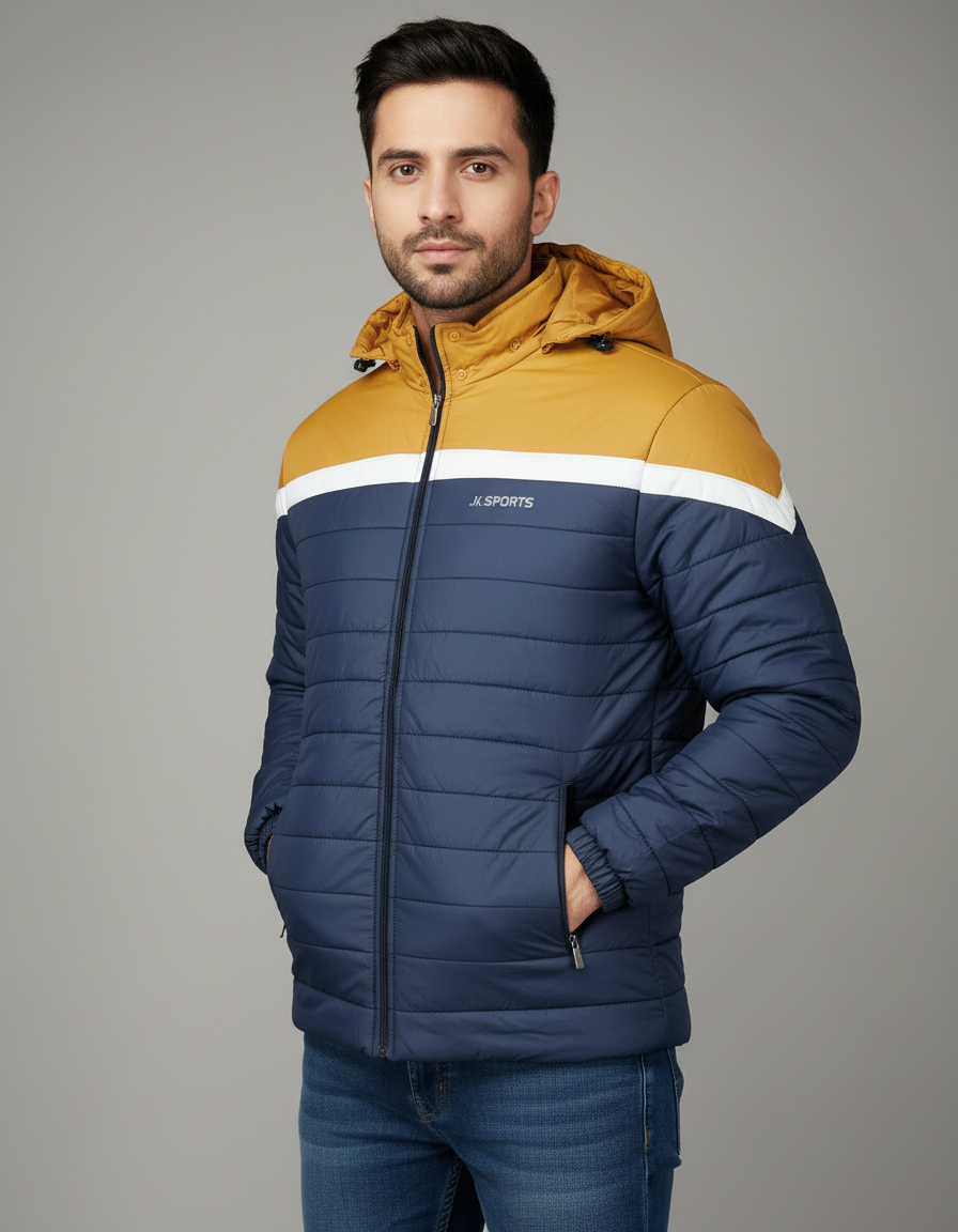 Men’s Blue & Yellow Color-Block Puffer Jacket – Warm, Comfortable & Stylish Winter Wear