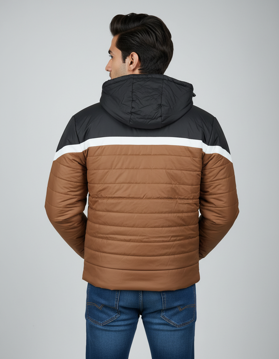 Men’s Brown & Black Color-Block Puffer Jacket – Warm, Comfortable & Stylish Winter Wear - Image 2