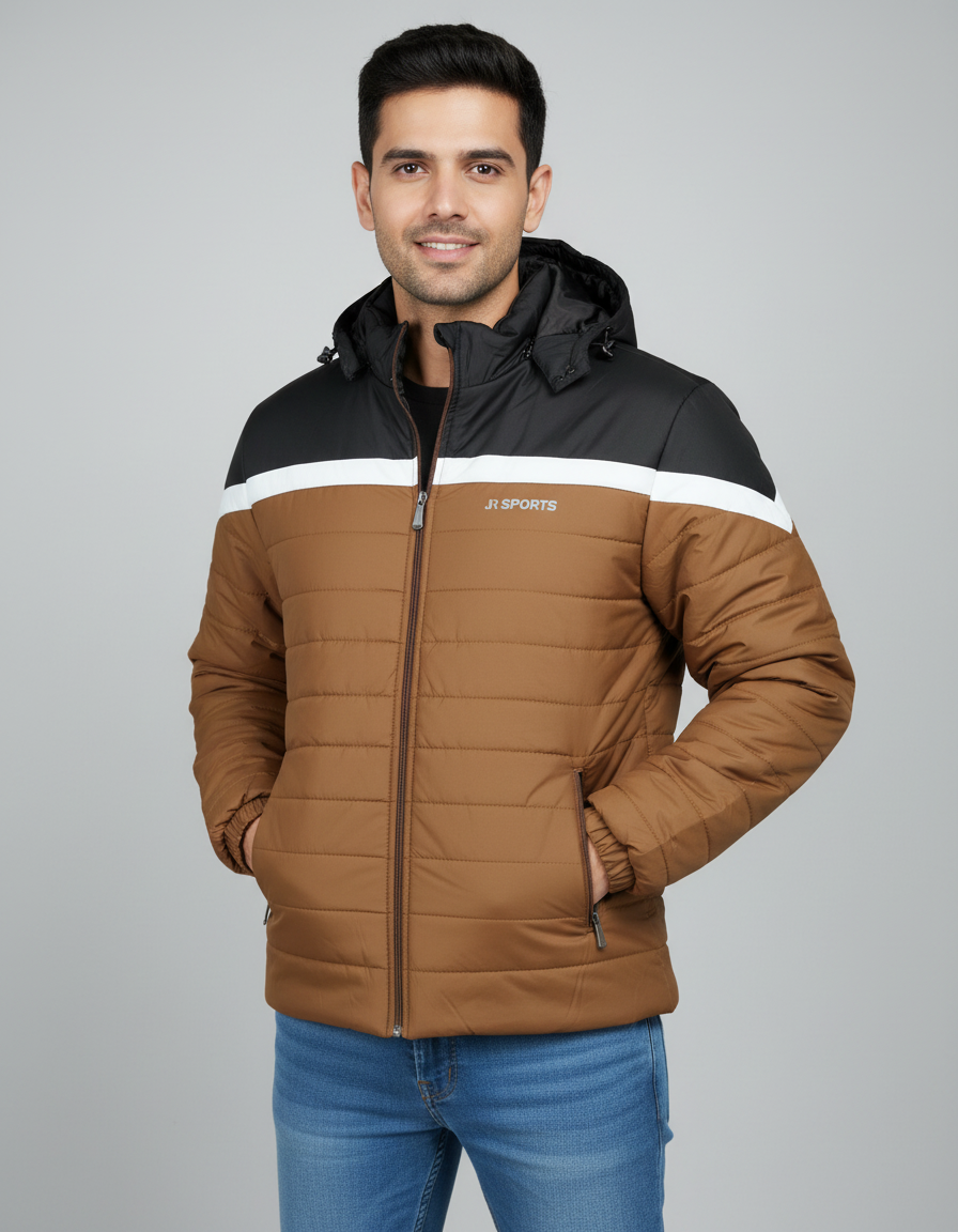 Men’s Brown & Black Color-Block Puffer Jacket – Warm, Comfortable & Stylish Winter Wear