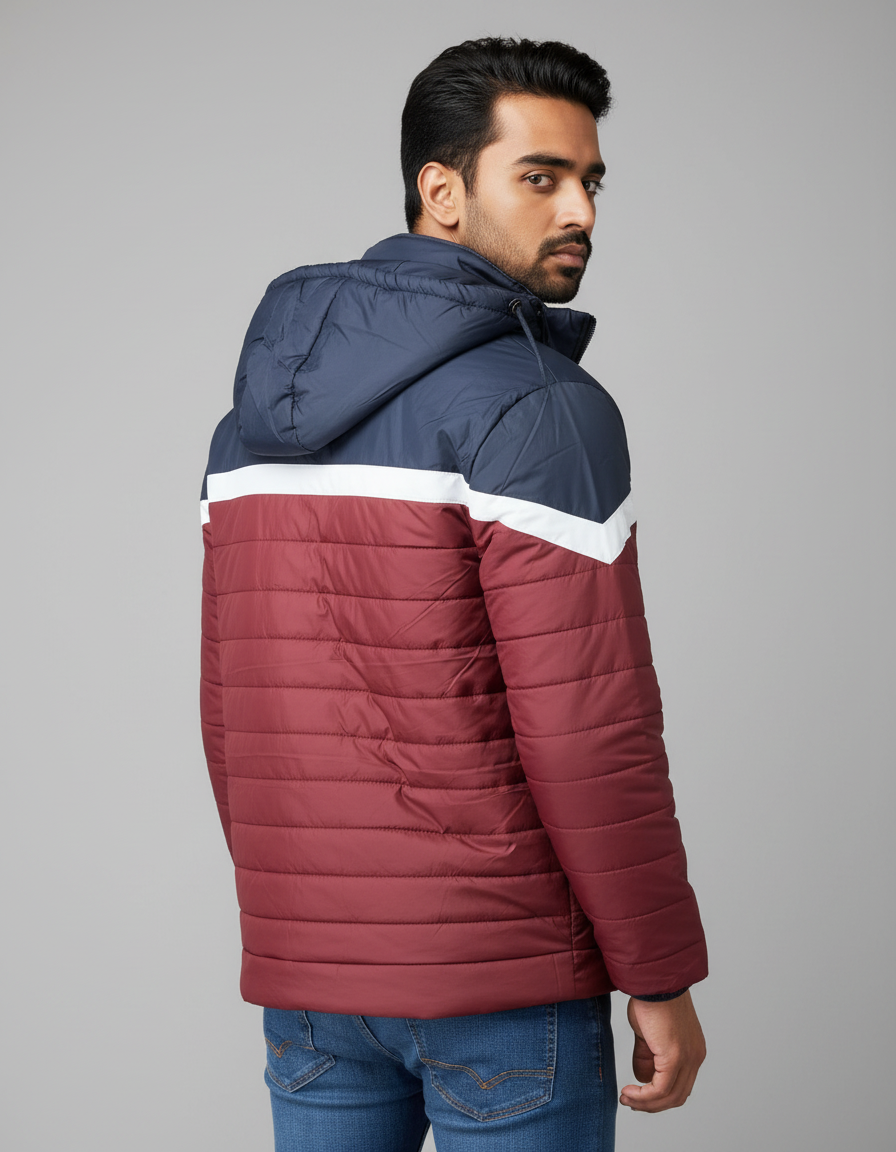 Men’s Maroon & Navy Color-Block Puffer Jacket – Warm, Comfortable & Stylish Winter Wear - Image 2