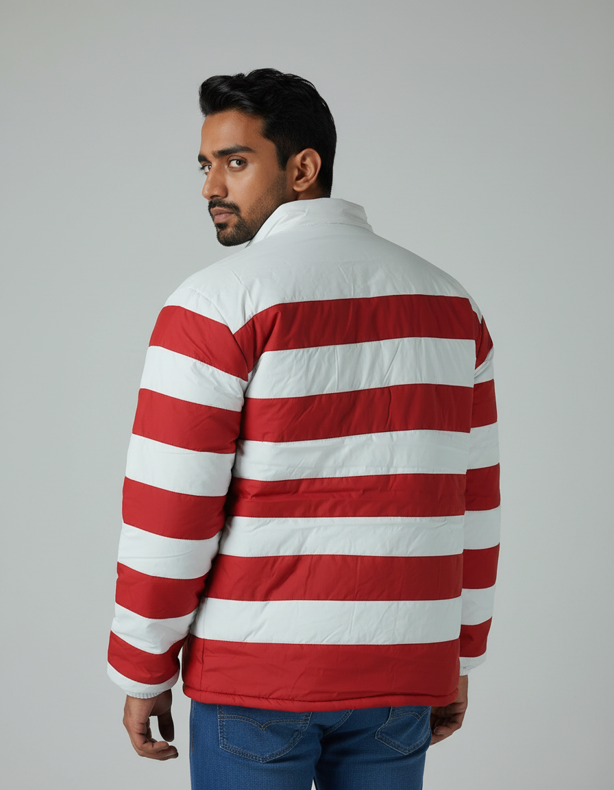 Men’s Red & White Striped Puffer Jacket – Warm, Comfortable & Stylish Winter Wear - Image 2